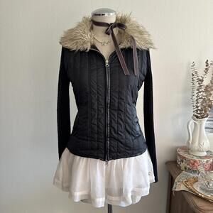 Black Y2K fitted puffer knit zip up jacket with faux fur collar